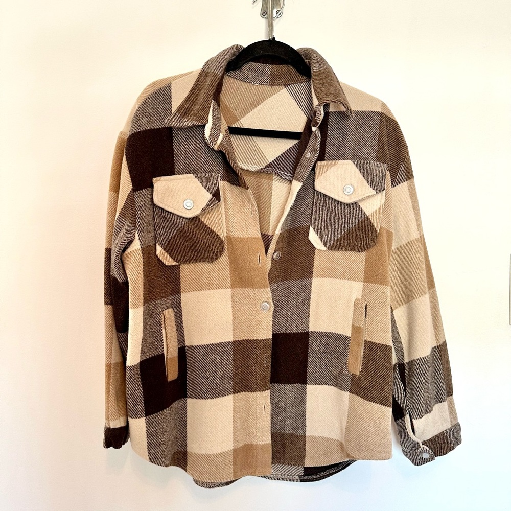 Brown brushed flannel shacket jacket button up